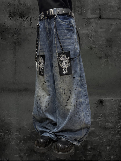 Paint Wash Damage Wide Leg Denim Jeans & Skull Belt & Belt Chain WN23803