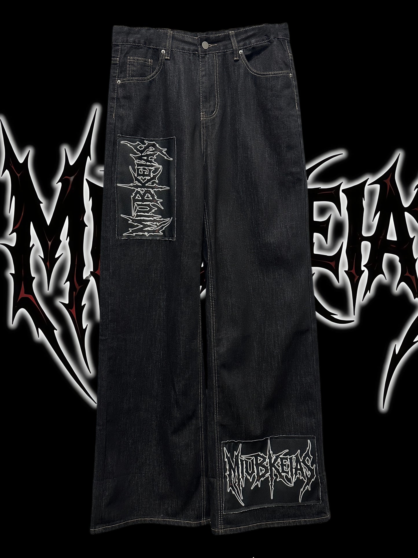 Graphic Letter Patchwork Wide Leg Denim Jeans & Belt & Chain WN20137