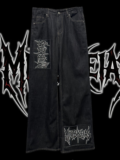 Graphic Letter Patchwork Wide Leg Denim Jeans & Belt & Chain WN20137