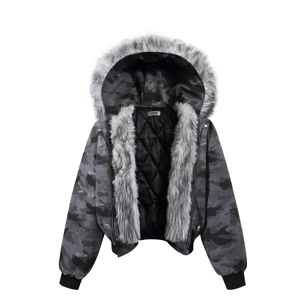 Camouflage Fake Fur Collar Multi-Zipper Short Puffer Jacket WN27891