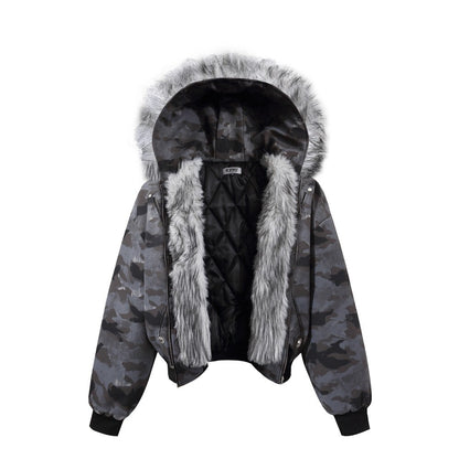 Camouflage Fake Fur Collar Multi-Zipper Short Puffer Jacket WN27891