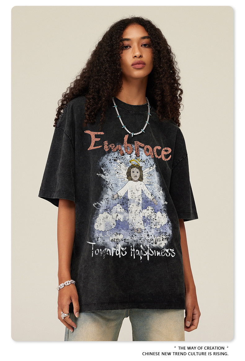 Oversize Angel Print Round Neck Short Sleeve T-Shirt WN7893