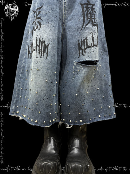 Cropped Graffiti Studs Wide Leg Denim Jeans & Skull Belt & Cross Belt & Belt Chain WN23825