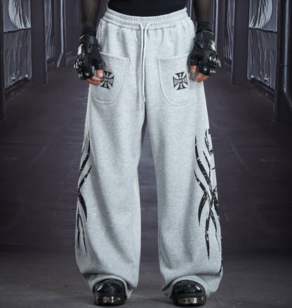 Totem Print Elastic Waist Fleece Lining Straight Sporty Pants WN22885
