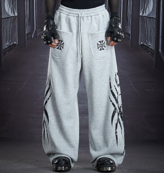 Totem Print Elastic Waist Fleece Lining Straight Sporty Pants WN22885
