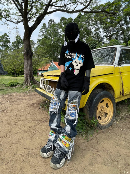 Frayed Washed Embroidery Design Denim Jeans WN18149