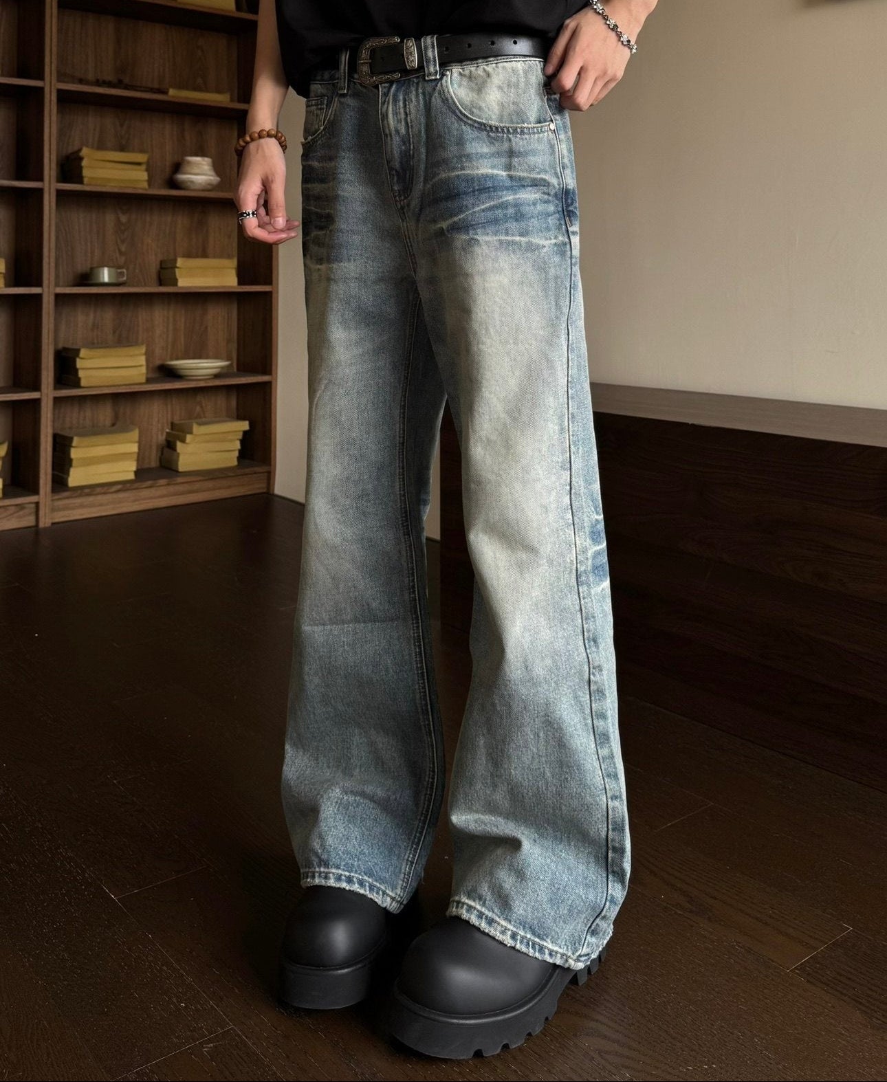 Washed Lightning Pattern Wide Leg Denim Jeans WN23159