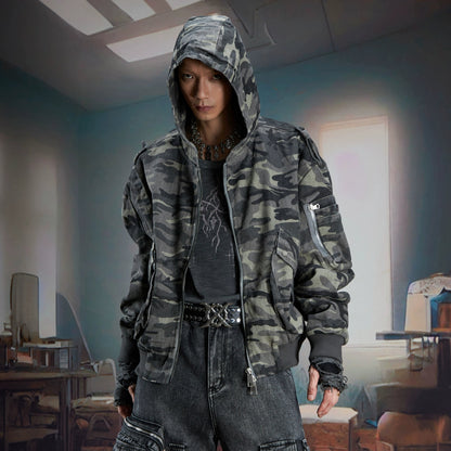 Deconstruction Patchwork Camouflage Hooded Zipper Jacket WN21370