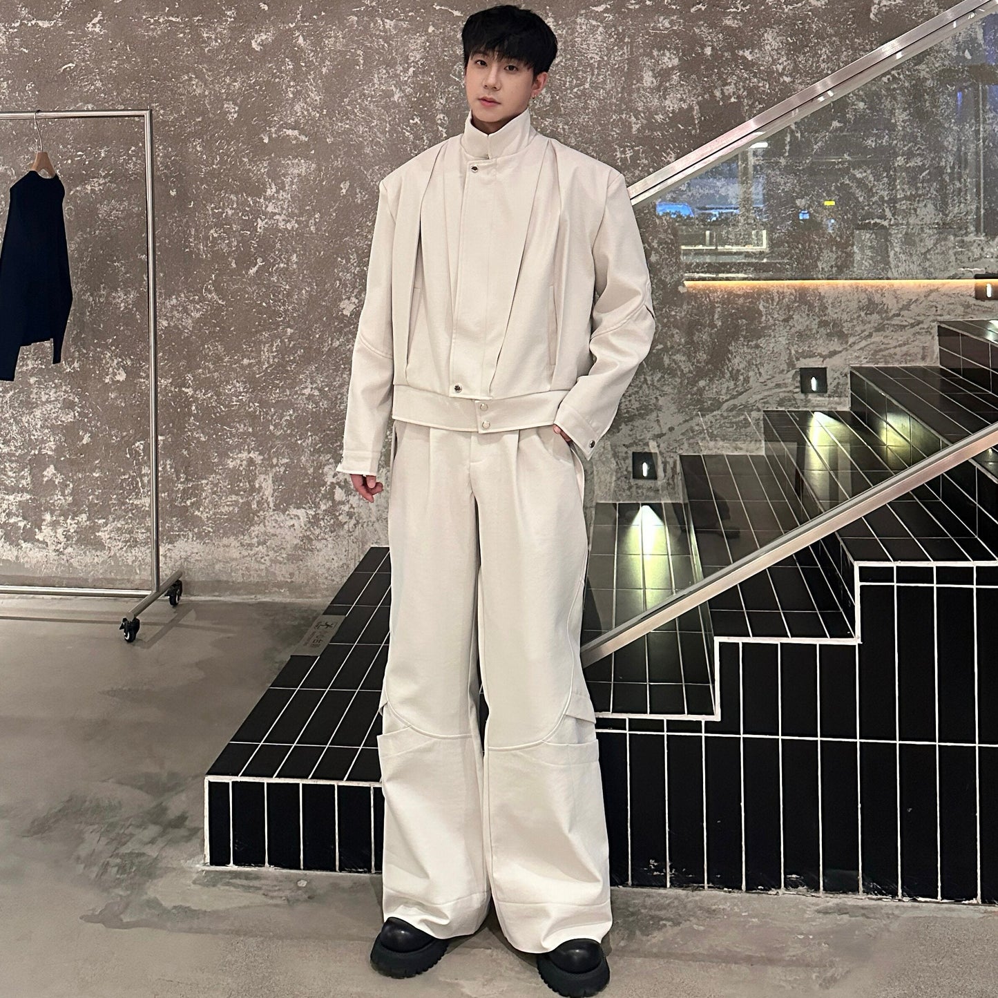 Standing-Collar Short Jacket & Wide Leg Pants Setup WN25286