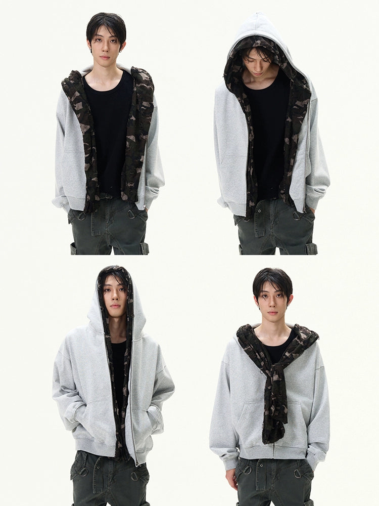 Camouflage Patchwork Zipper Hoodie WN9501