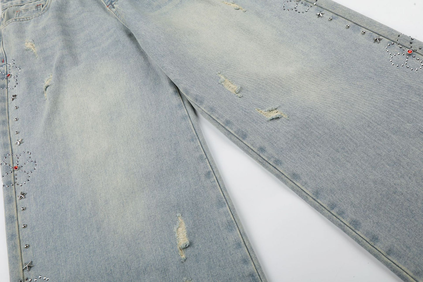 Washed Paint Studs Detail Wide Leg Denim Jeans WN25418