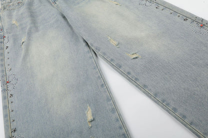 Washed Paint Studs Detail Wide Leg Denim Jeans WN25418
