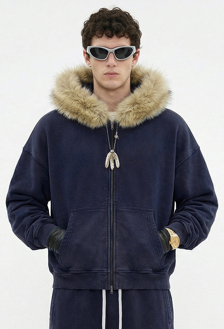 Fake Fur Collar Fleece Lining Zipper Hoodie WN23118