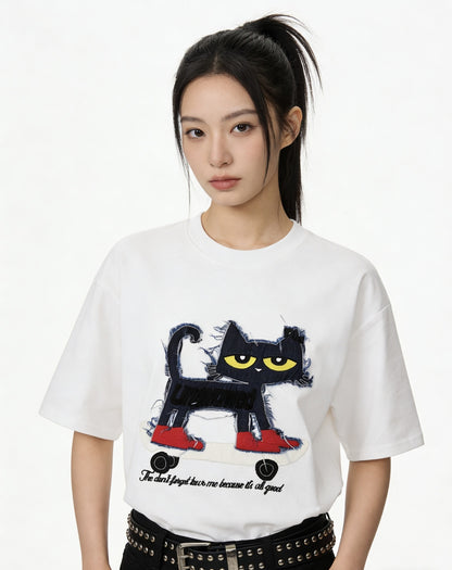 Cat Applique Embroidery Short Sleeve T-Shirt WN25665