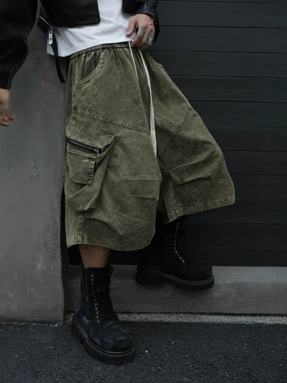 Zipper Multi-Pocket Wide Leg Half Pants WN27861