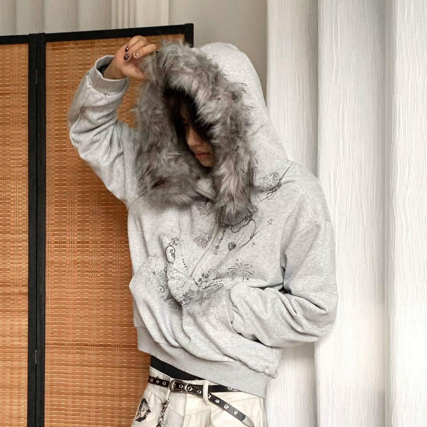 Half-Zip Fake Fur-Collar Art Print Hoodie WN22207