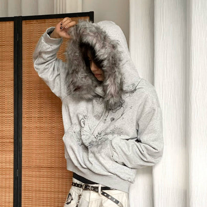 Half-Zip Fake Fur-Collar Art Print Hoodie WN22207