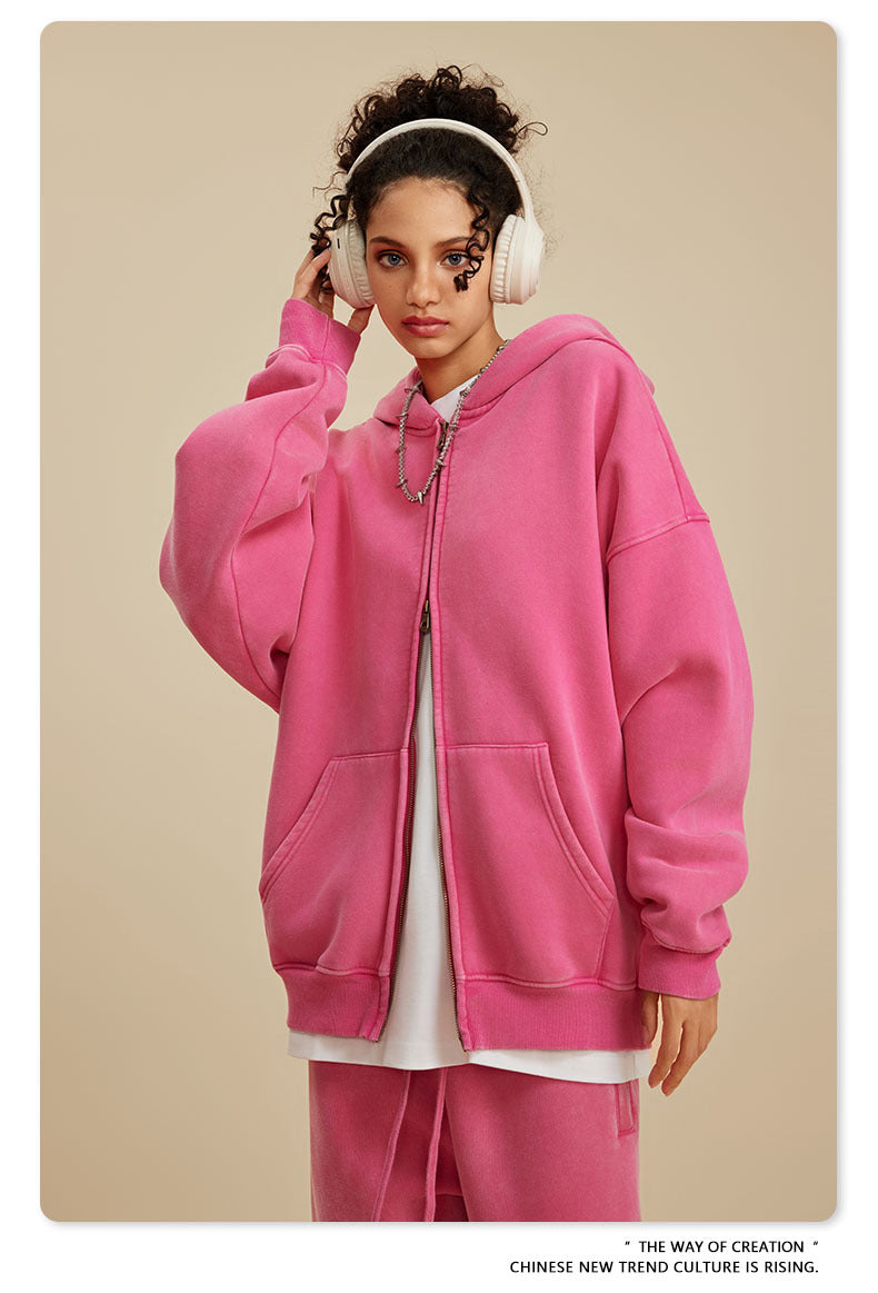 Oversize Fleece Lining Washed Zipper Hoodie & Pullover Hoodie & Pants Setup WN9925