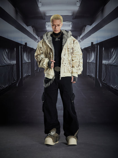 Washed Damage Fake Fur Hooded Cropped Padded Jacket WN22829