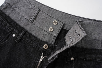 Double Waist Studs Detail Wide Leg Denim Jeans WN28026