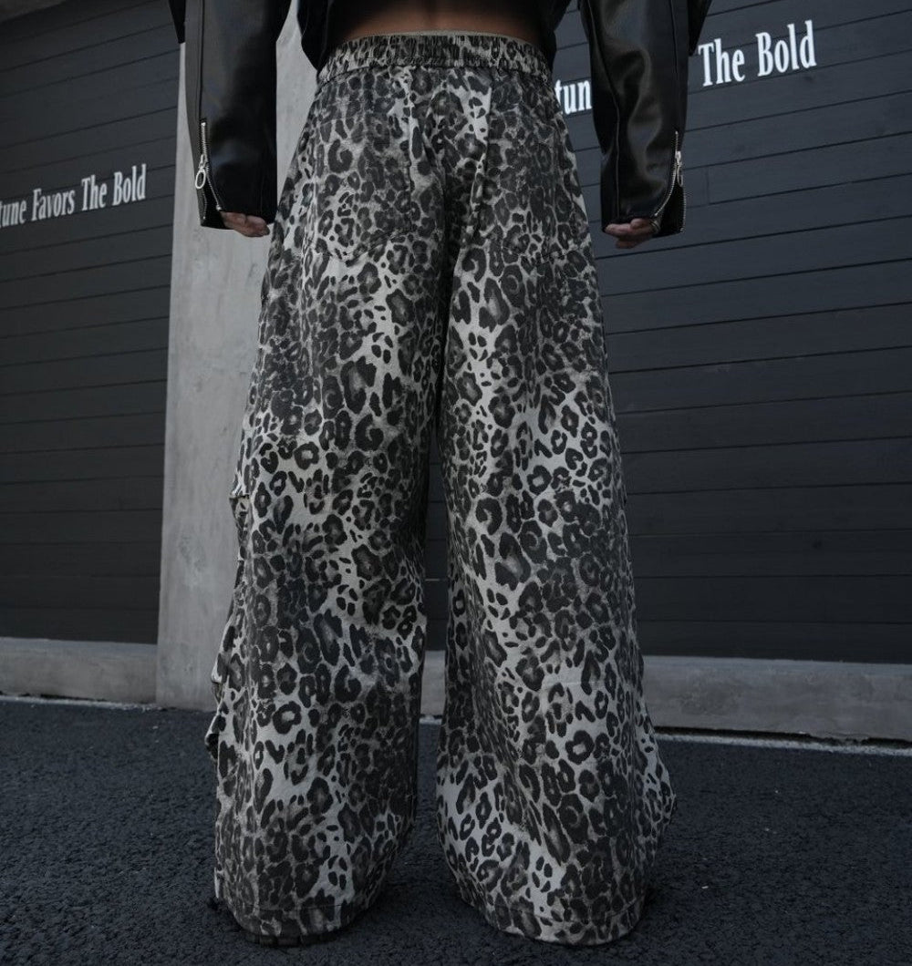 Leopard Studs Chain Detail Wide Leg Cargo Pants WN28012