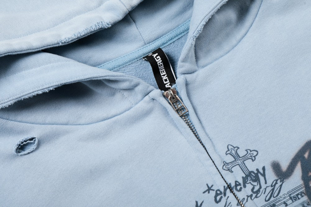 Graffiti Print Washed Damage Zipper Hoodie WN27940