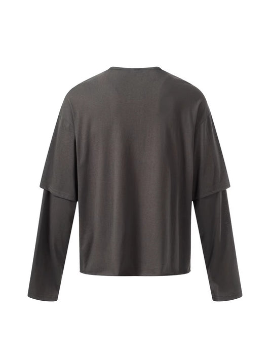 Washed Fake Layered Graphic Henley Long Sleeve T-Shirt WN28016