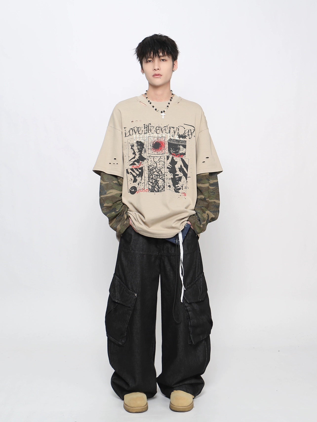 Camouflage Fake Layered Damage Hole Long Sleeve T-Shirt WN21037