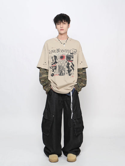 Camouflage Fake Layered Damage Hole Long Sleeve T-Shirt WN21037