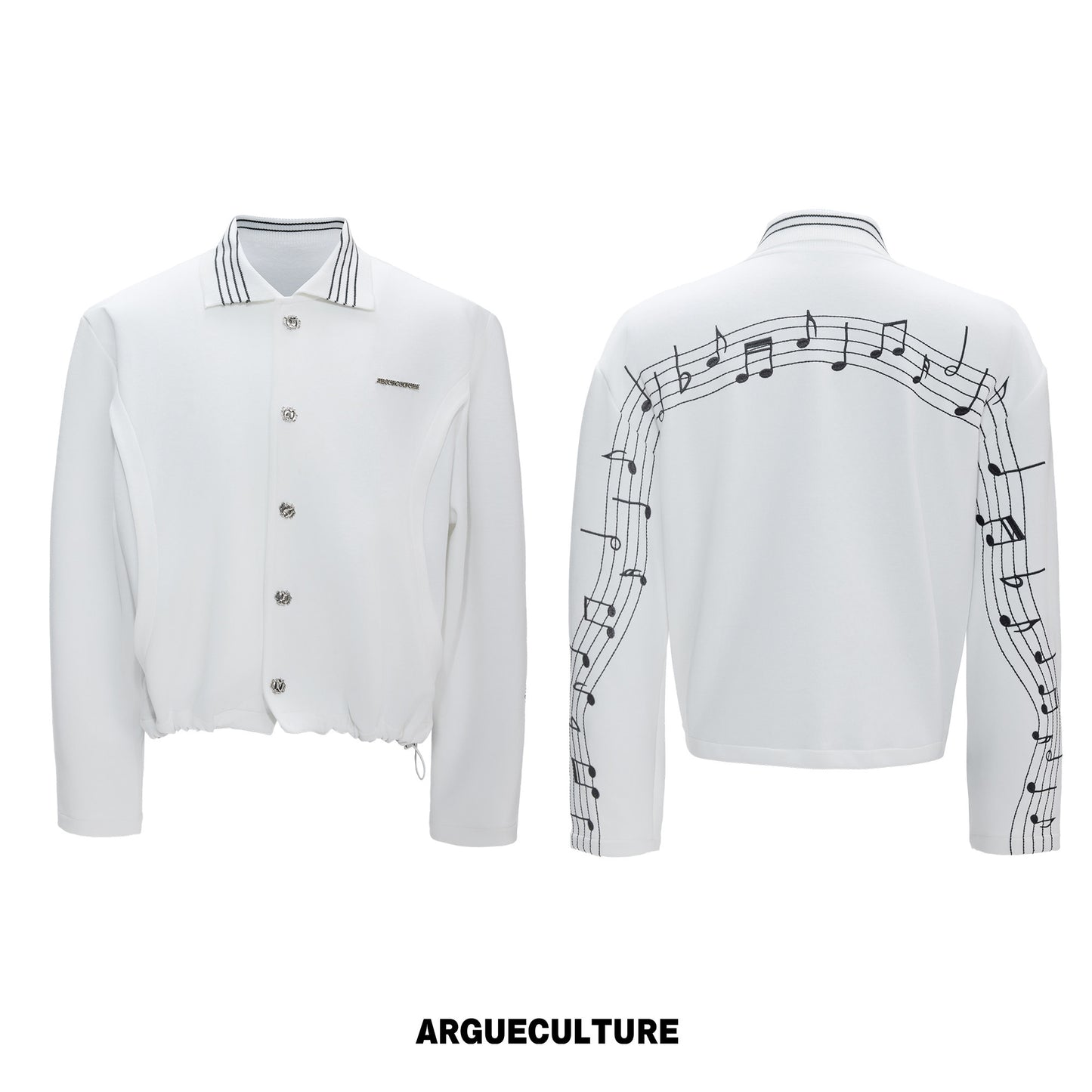 Musical Note Embroidery Boxy Lapel Jacket & Drawstring Wide Leg Pants Setup WN26979