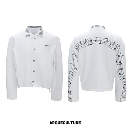 Musical Note Embroidery Boxy Lapel Jacket & Drawstring Wide Leg Pants Setup WN26979