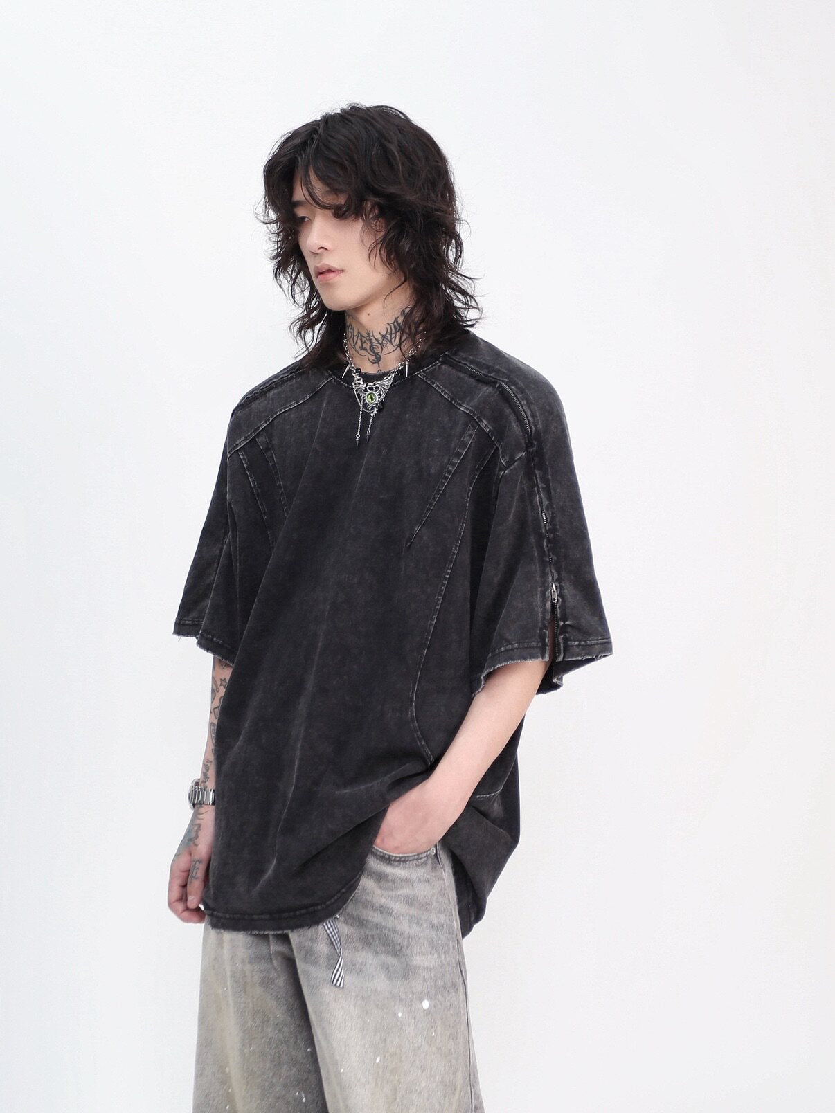 Cut Patchwork Zipper Oversize Short Sleeve T-Shirt WN24444