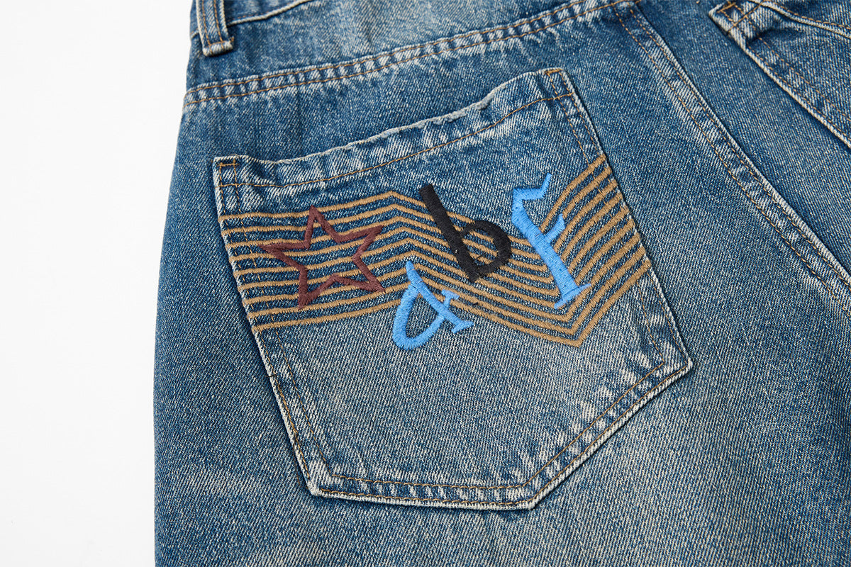 Embroidery Curved Wide Leg Denim Jeans WN25554