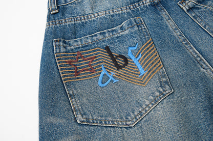 Embroidery Curved Wide Leg Denim Jeans WN25554