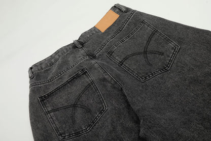 Washed Irregular Panel Wide Leg Denim Jeans WN25825