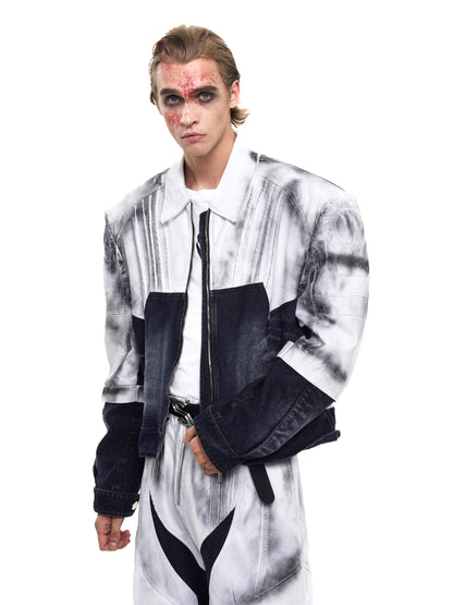 PU Leather Mix Paint Short Denim Jacket & PU Leather Mix Denim Jeans Setup WN20378