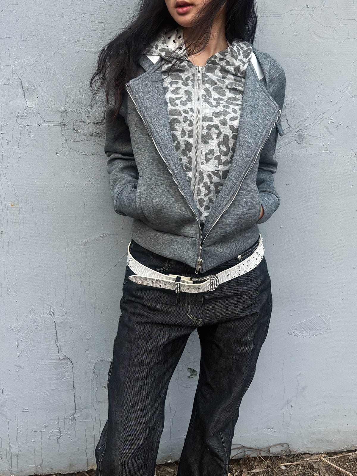 Fake Layered Double Placket Leopard Lining Zipper Hoodie WN27342