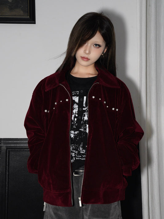 Fake Pearl Rivet Design Short Zipper Jacket WN22189