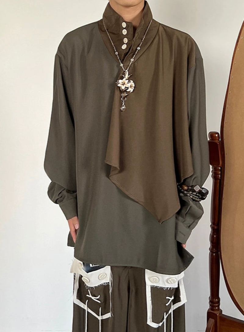 Patchwork Stand Neck Long Sleeve Shirt WN19994