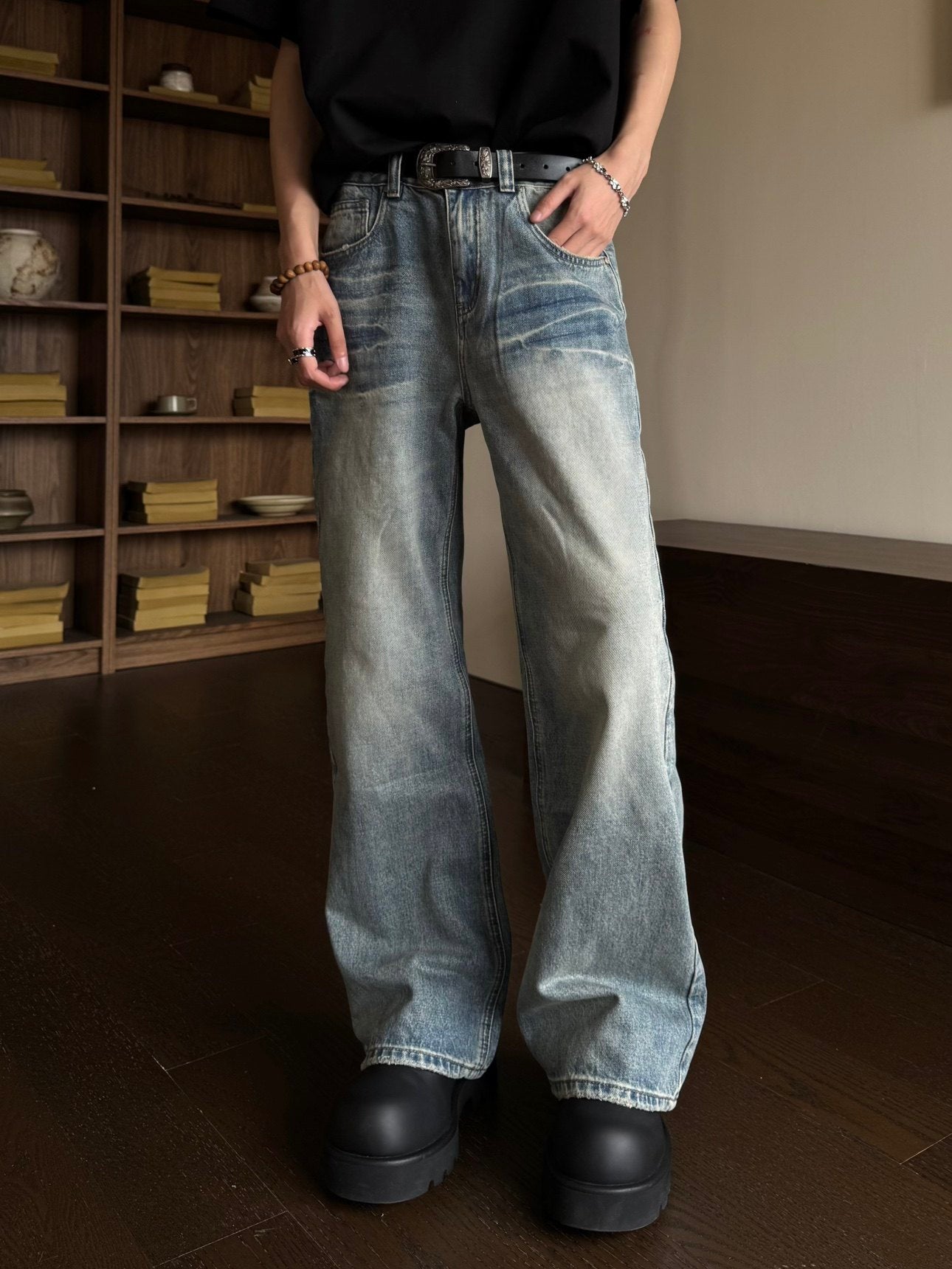 Washed Lightning Pattern Wide Leg Denim Jeans WN23159