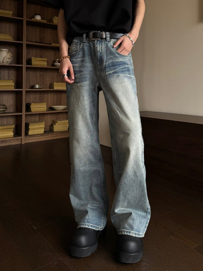 Washed Lightning Pattern Wide Leg Denim Jeans WN23159