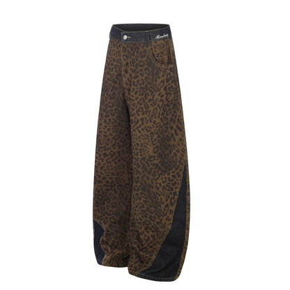 Leopard Print Curved Wide Leg Denim Jeans WN25679