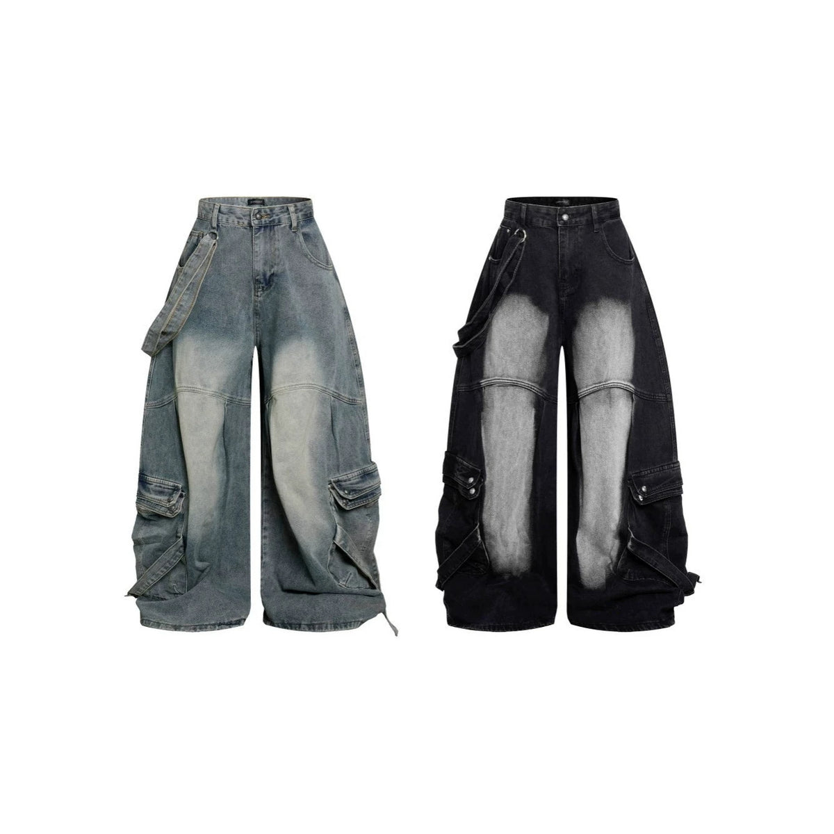 Bleached Cargo Pocket Wide Leg Denim Jeans WN27998