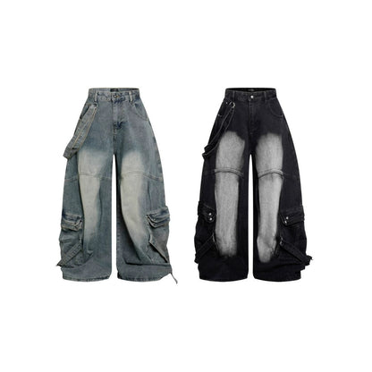 Bleached Cargo Pocket Wide Leg Denim Jeans WN27998
