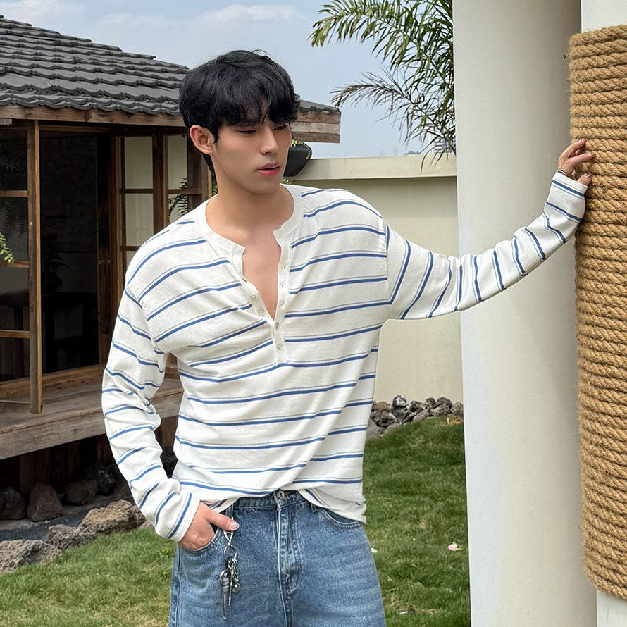 Striped Contrast-Color Knit Long Sleeve Shirt WN24958