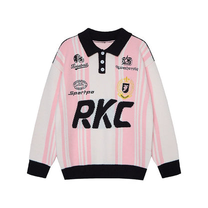 Badge Embroidery Polo Collar Knit Sweater WN21045