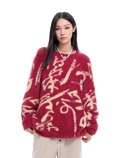 Fake Fur Jacquard Round Neck Knit Sweater WN9850