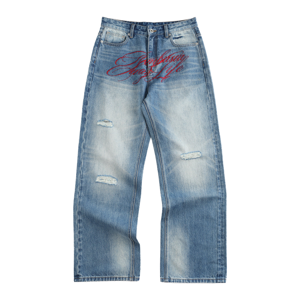 Damage Washed Letter Print Wide Leg Denim Jeans WN27222