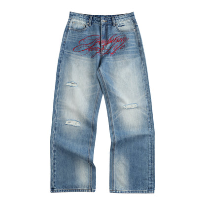 Damage Washed Letter Print Wide Leg Denim Jeans WN27222