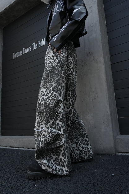 Leopard Studs Chain Detail Wide Leg Cargo Pants WN28012